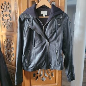 NWOT Caslon 100% Leather Moto Jacket With Removable Hood In Black size S